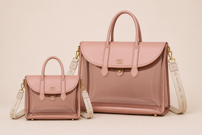 Two pink handbags with transparent panels on a beige background